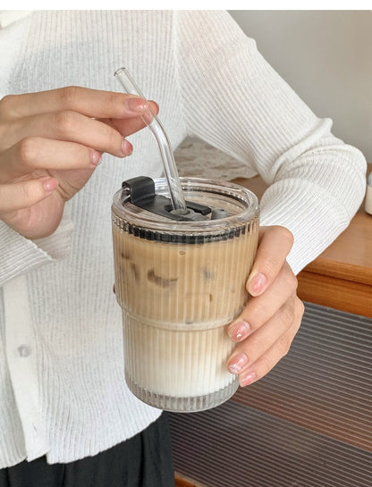 Ridged Glass Iced Coffee Cup with Straw
