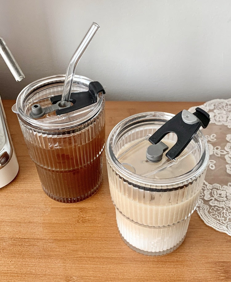 Ridged Glass Iced Coffee Cup with Straw