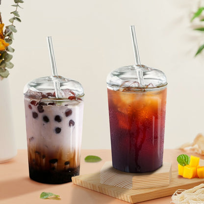 Bubble Lid Glass Ice Coffee Cup with Straw