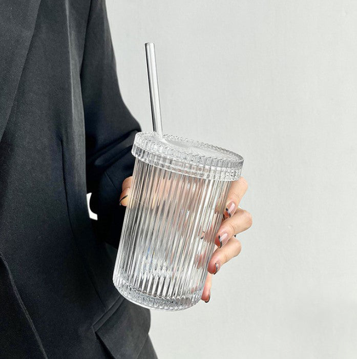Short Ribbed Stripe Glass Iced Coffee Cup with Straw