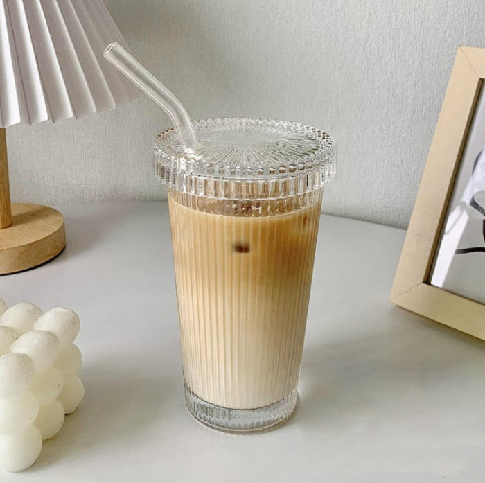Ribbed Stripe Glass Iced Coffee Cup with Straw