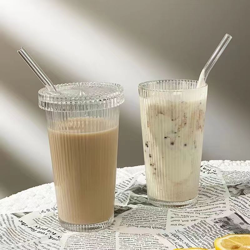Ribbed Stripe Glass Iced Coffee Cup with Straw